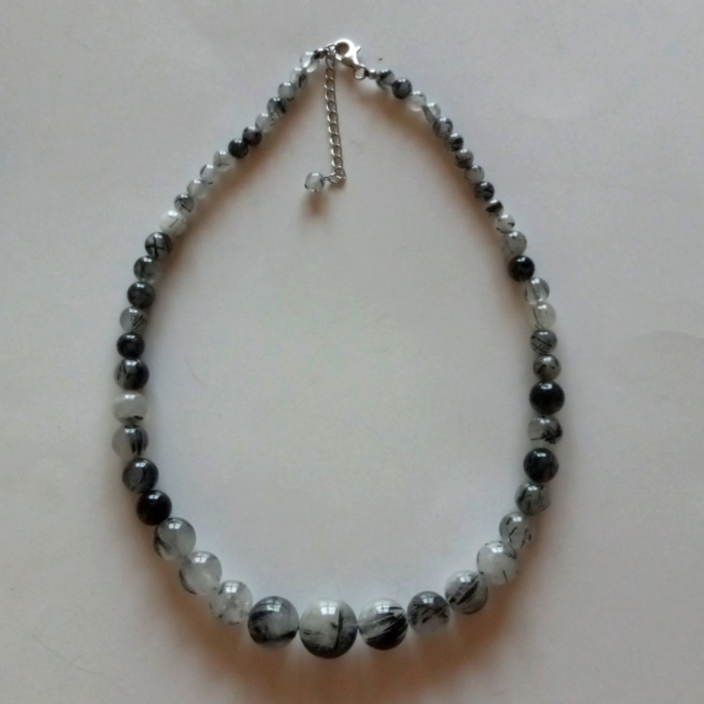 Clear Crystal and Black Tourmaline Beaded Necklace.